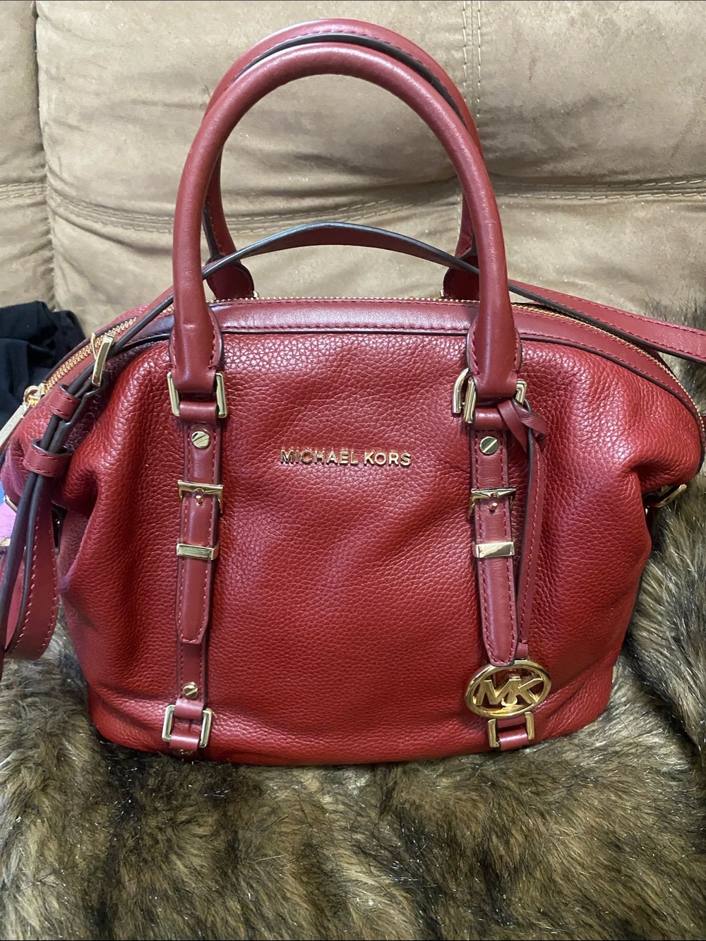 Michael Kors Burgundy Pebbled Leather Satchel with Gold Hardware